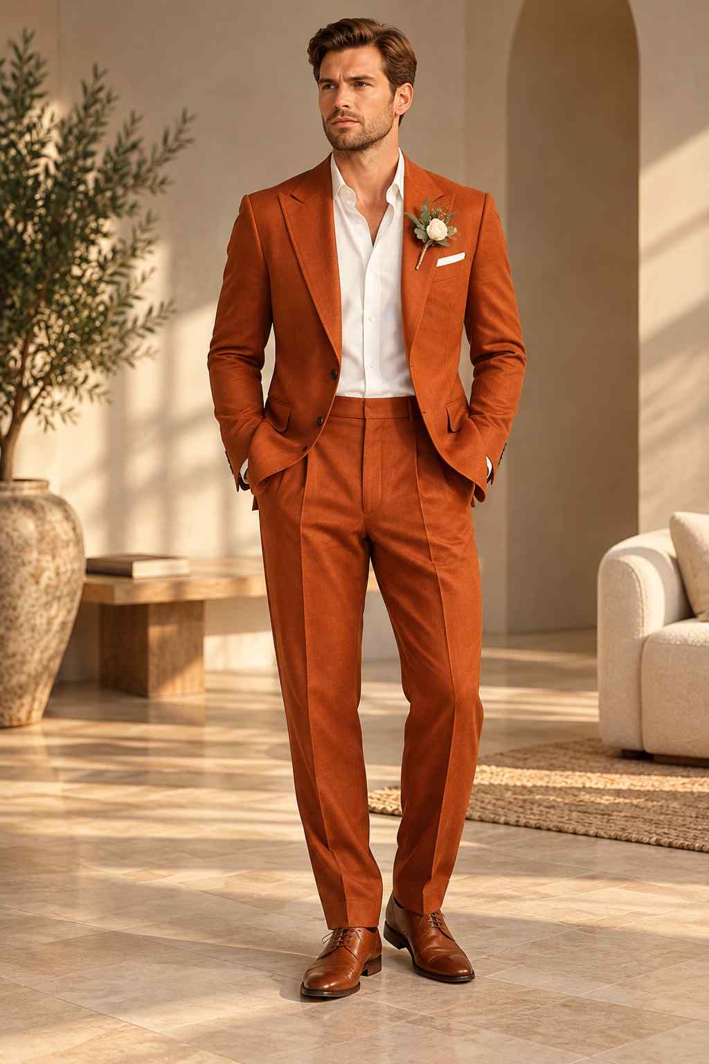 Men's rust orange 2-piece suit with notch lapel blazer and matching trousers styled with a white shirt.