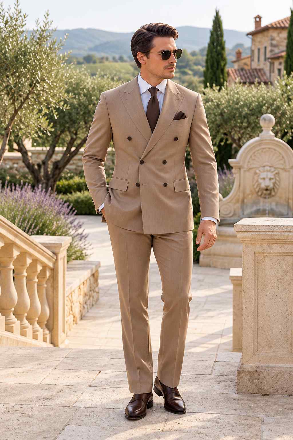 Men’s tan 2-piece suit with double-breasted jacket, matching trousers, white shirt and dark tie