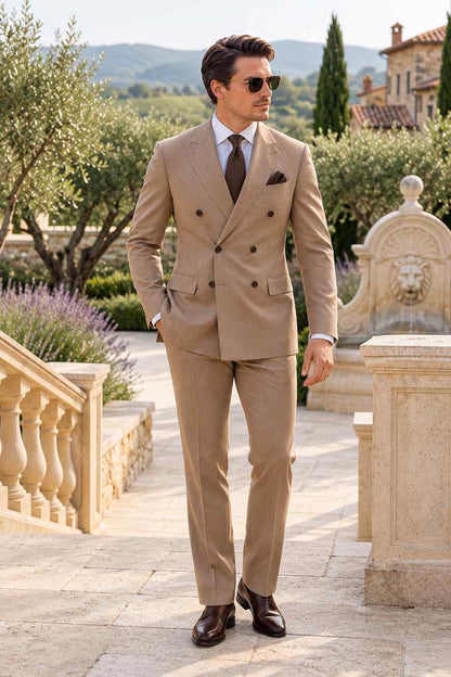 Men’s tan 2-piece suit with double-breasted jacket, matching trousers, white shirt and dark tie