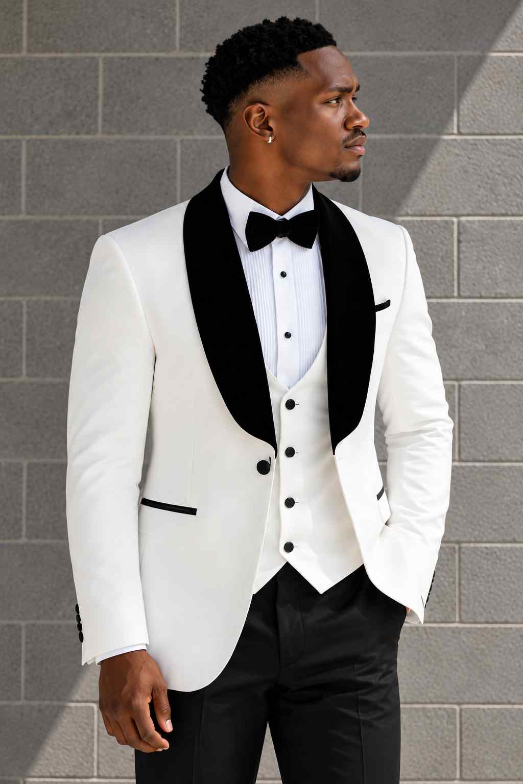 Men’s white 3-piece tuxedo suit with black shawl lapel, white waistcoat, black trousers and bow tie