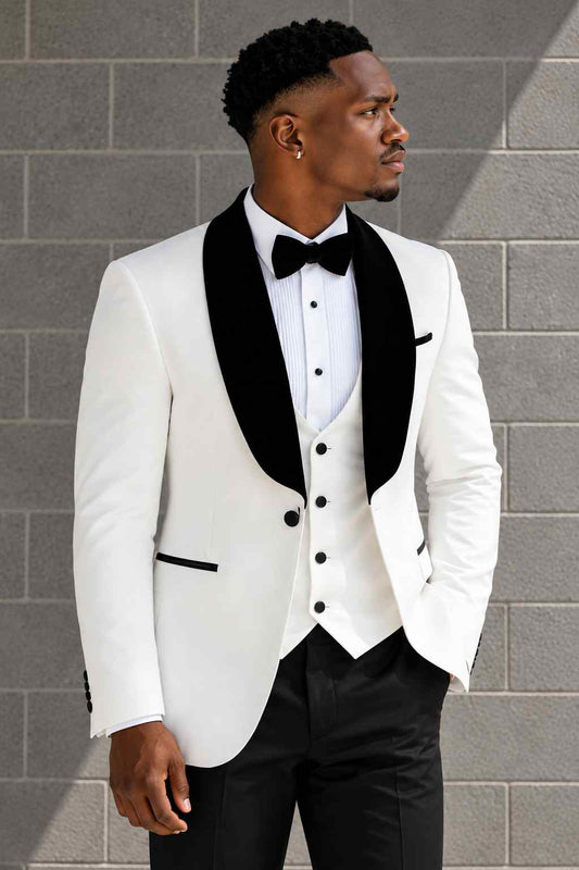 Men’s white 3-piece tuxedo suit with black shawl lapel, white waistcoat, black trousers and bow tie