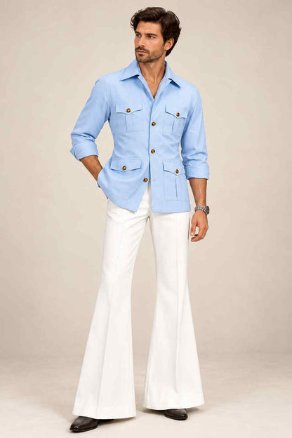 Men’s white bell bottom trousers with high waist, pleated front and wide flared legs