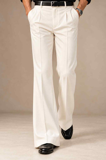 Men’s white high-waisted wide-leg trousers with pleated front for formal and vintage outfits