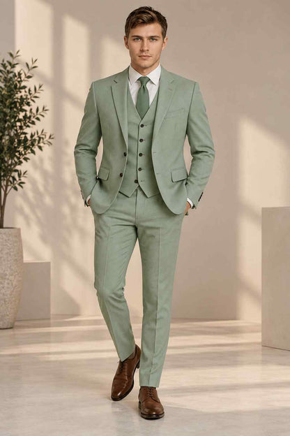 Men’s sage green 3-piece suit with notch lapel jacket, matching waistcoat, tailored trousers, white shirt and green tie.