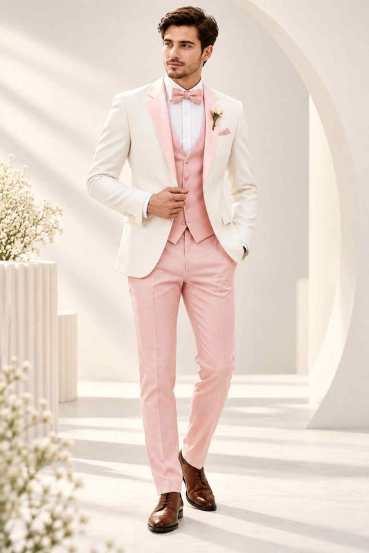 Men’s Ivory Pink 3-Piece Wedding Suit, Notch Lapel Groom Tuxedo & Formal Wear