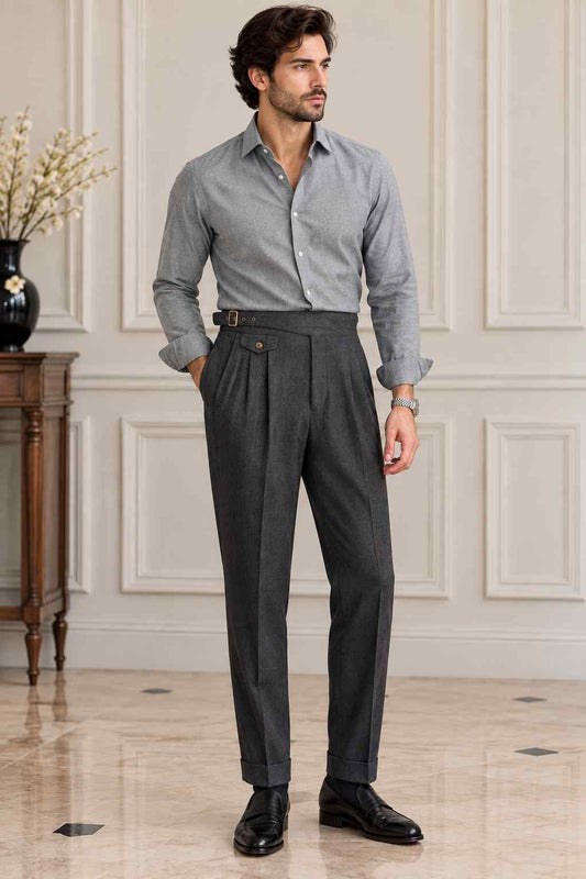 Men’s Charcoal Grey Pleated Trousers – High-Waisted Tailored Pants with Cuffs