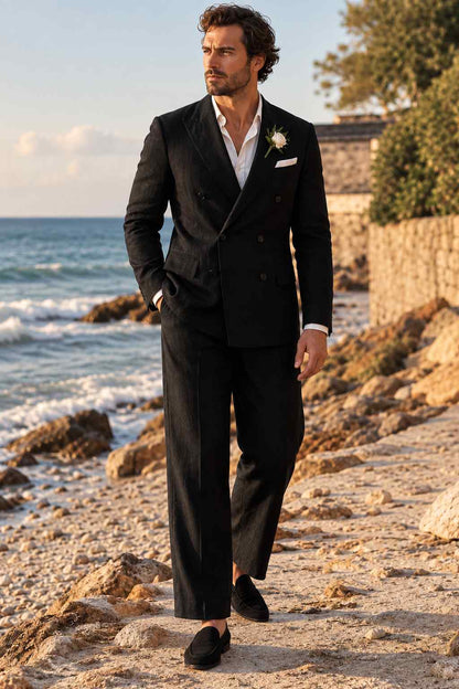 Men Black Linen 2 PC Suit – Classic Double-Breasted Wedding & Formal Suit