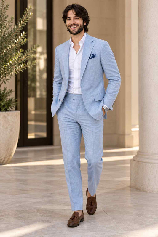 Men’s Sky Blue Linen 2-Piece Suit – Custom Tailored Wedding Suit