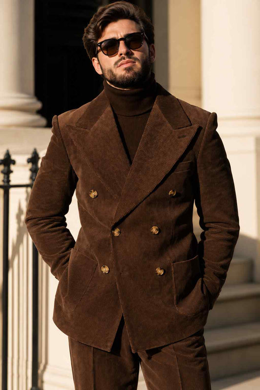 Men’s Brown Corduroy 2-Piece Suit | Double-Breasted Vintage Formal Wear