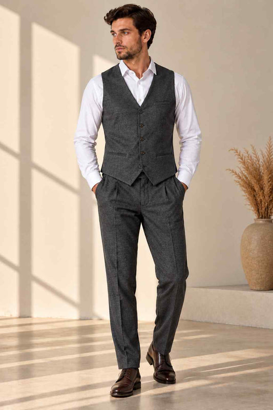 Men Charcoal Grey Waistcoat – Textured Vintage Formal Vest