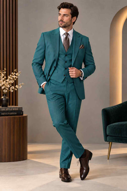 Men Teal 3 Piece Suit | Modern Tailored Wedding Suit