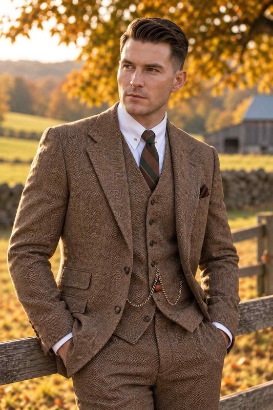 Men Brown Herringbone Tweed 3-Piece Suit – Vintage Style, Tailored Fit