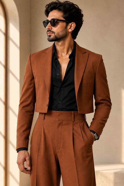 Men Rust Cropped Suit – Peak Lapel, Wide-Leg Pleated Trousers