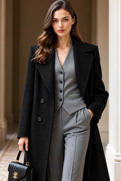 Women’s black tweed wool long coat with wide lapels styled overcoat