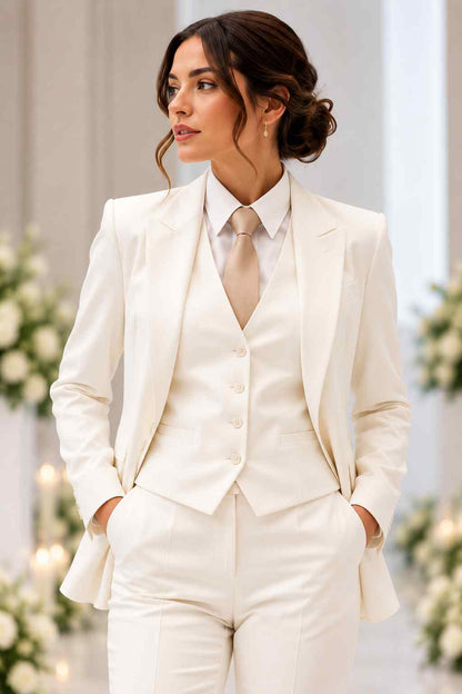 Women’s ivory 3-piece suit with tailored blazer, matching waistcoat and trousers