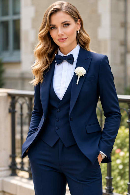 Women’s navy blue 3-piece tuxedo suit with waistcoat, bow tie and tailored trousers