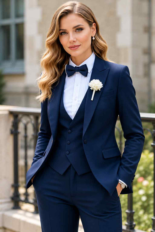 Women’s navy blue 3-piece tuxedo suit with waistcoat, bow tie and tailored trousers