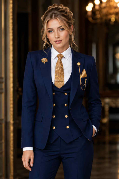 Women’s navy blue 3-piece suit with tailored blazer, double-breasted waistcoat, trousers and gold buttons