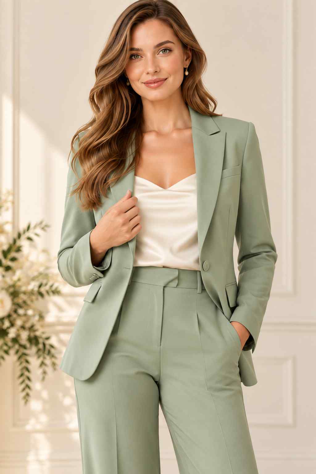 Women’s sage green 2-piece suit with tailored blazer and wide-leg trousers