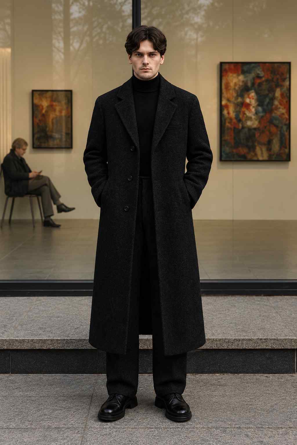Men’s black tweed wool long coat, vintage-style tailored winter overcoat with classic lapels and button closure.