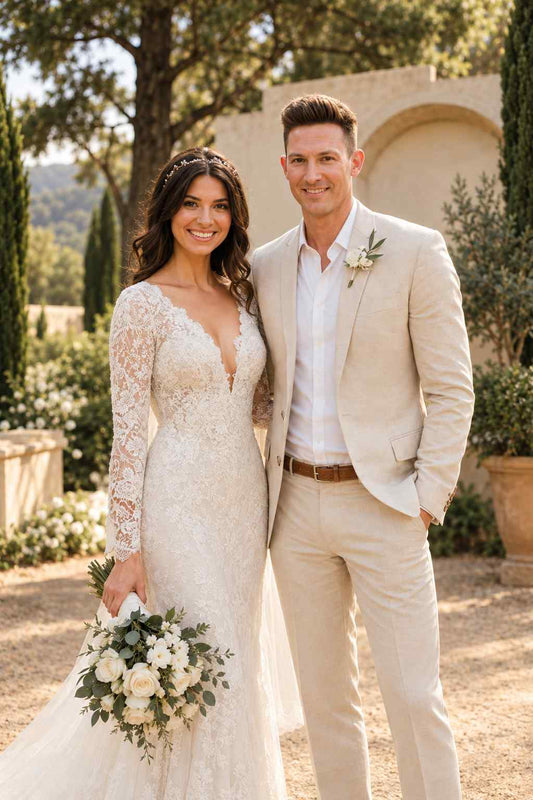 Groom wearing a light beige tailored wedding suit with white shirt and boutonniere beside bride in an outdoor garden setting.