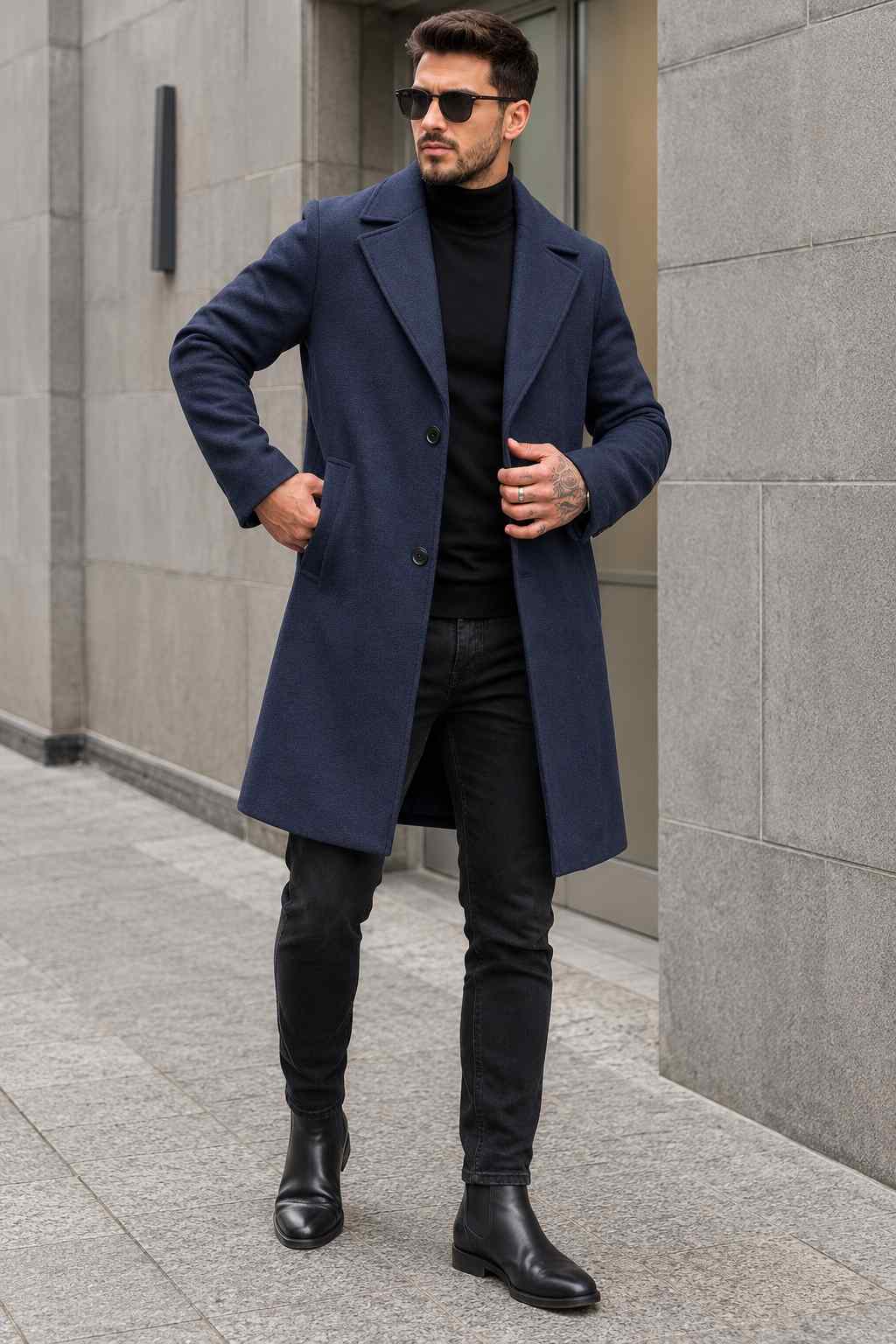 Man wearing a navy blue tweed wool long coat with black turtleneck, black jeans, and sunglasses.